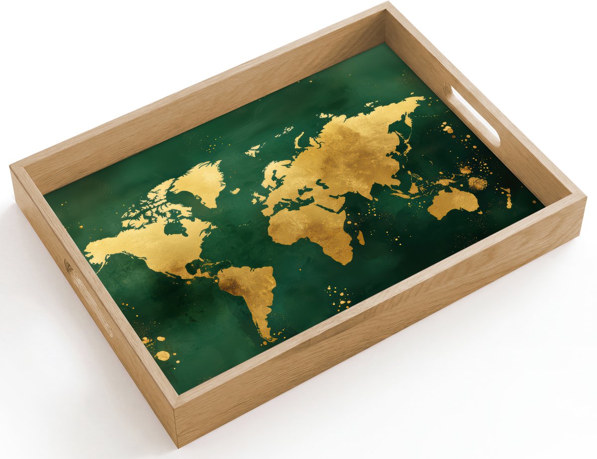 Dienblad hout 40x30 cm - Schootdienblad - Wereldkaart - Groen - Goud - Borrelplank rechthoek - Plateau dienbladen