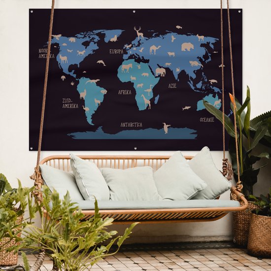 Carte du monde simple avec des animaux aux couleurs flexa Poster de jardin 180x120 cm XXL / Groot format!
