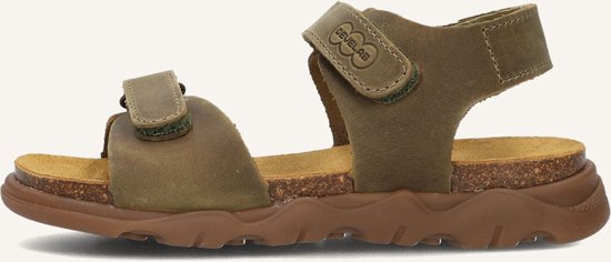Bruine leren Develab sandalen met klittenbandsluiting, kurken zoolrand en bruine rubberen zool.