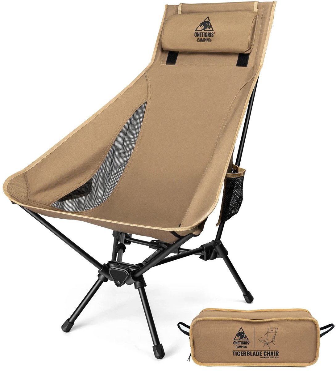 Sello! campingstoel – vouwstoel – kamperen – vissen – opvouwbaar – lichtgewicht – hoge rugleuning – draagvermogen 170kg - beige