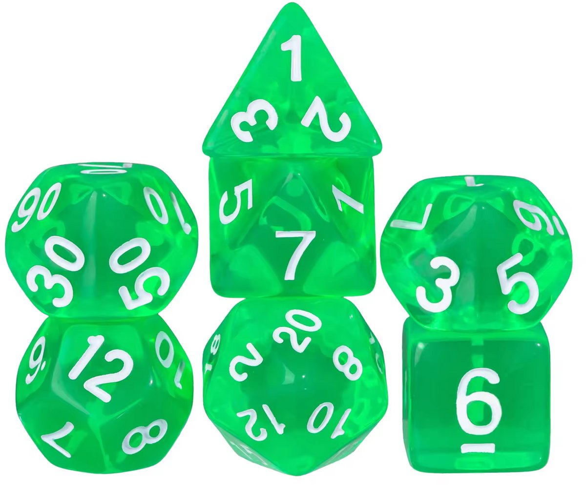 Dobbelstenen Set 7-delig – Transparant Lichtgroen D20 D12 D10 D8 D6 D4 – Voor RPG & Tafelspellen