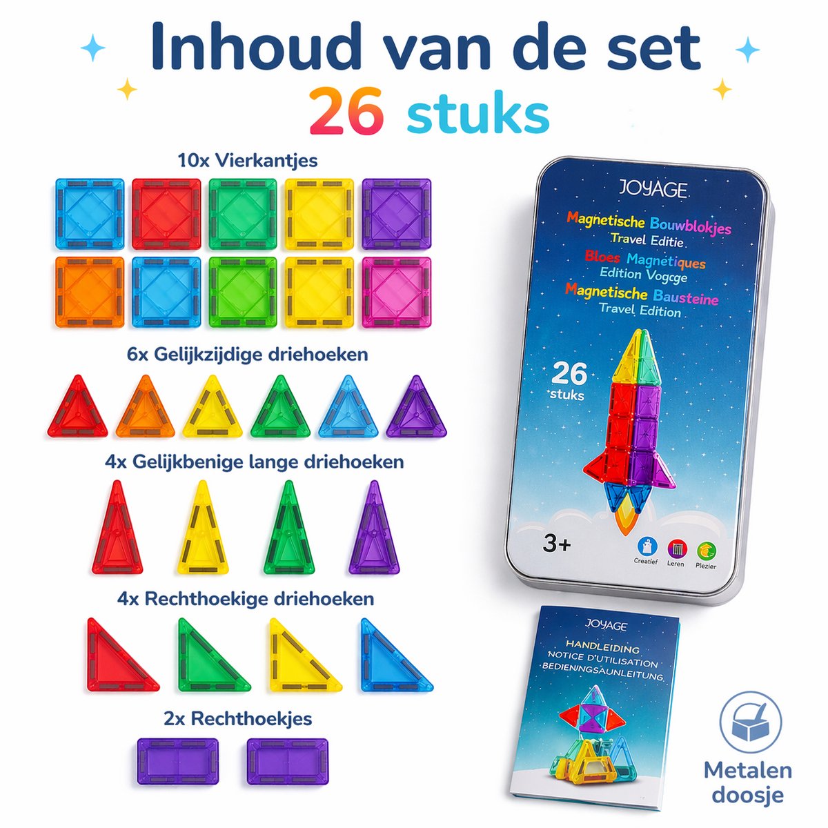 Joyage Magnetische tegels Reisset - Mini Magnetic tiles travel set - 26 stuks - Magnetisch bouwspeelgoed - Magnetisch speelgoed voor onderweg - Montessori Speelgoed voor in de auto vliegtuig - Magna tiles travel set - Magneten speelgoed constructie — afbeelding 5