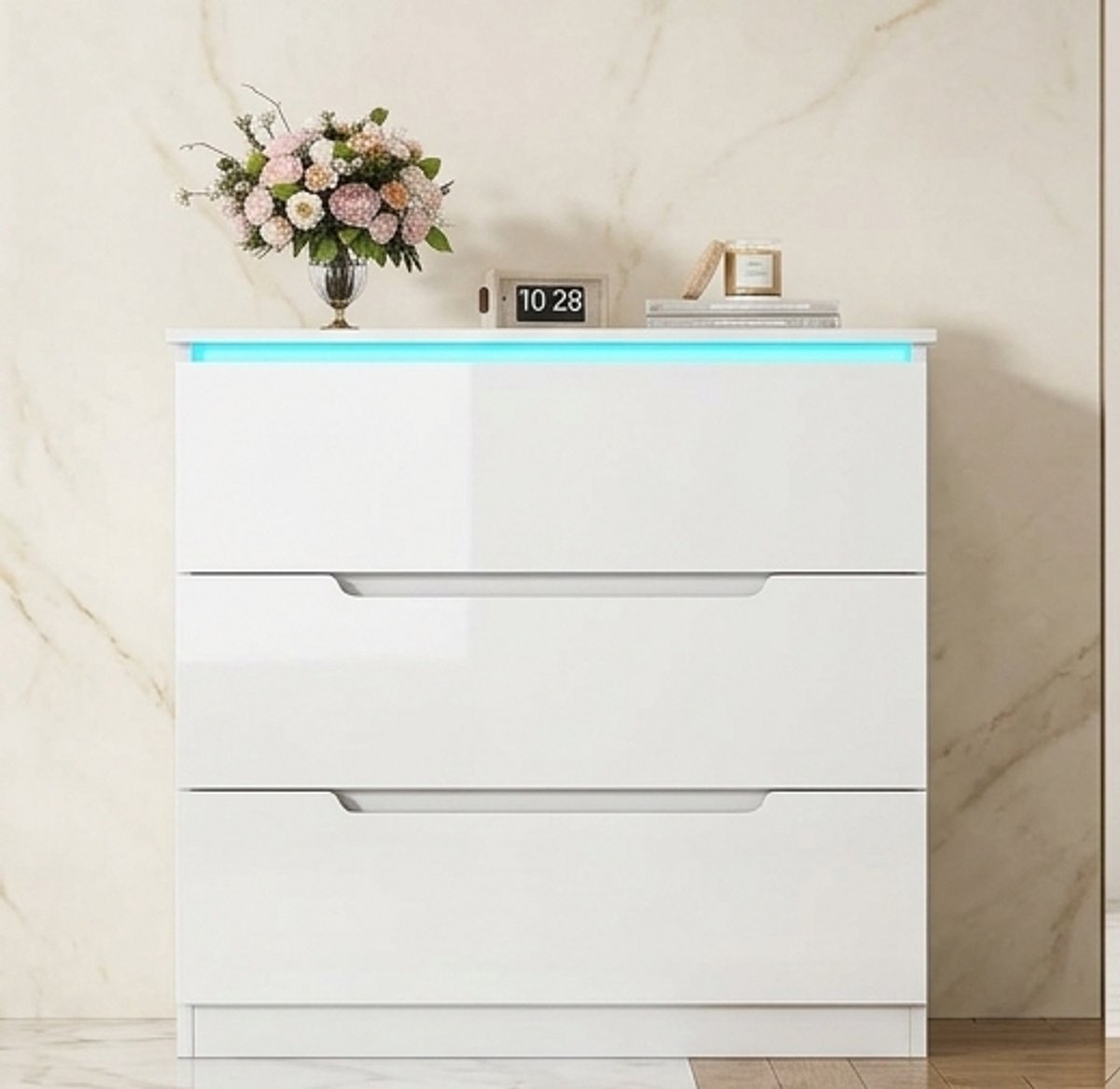 Moderne LED Commode met 3 Laden – Dressoir Kast met Verlichting, Opbergkast voor Slaapkamer & Woonkamer, Wit 40x70x80 cm – Mobili Bella