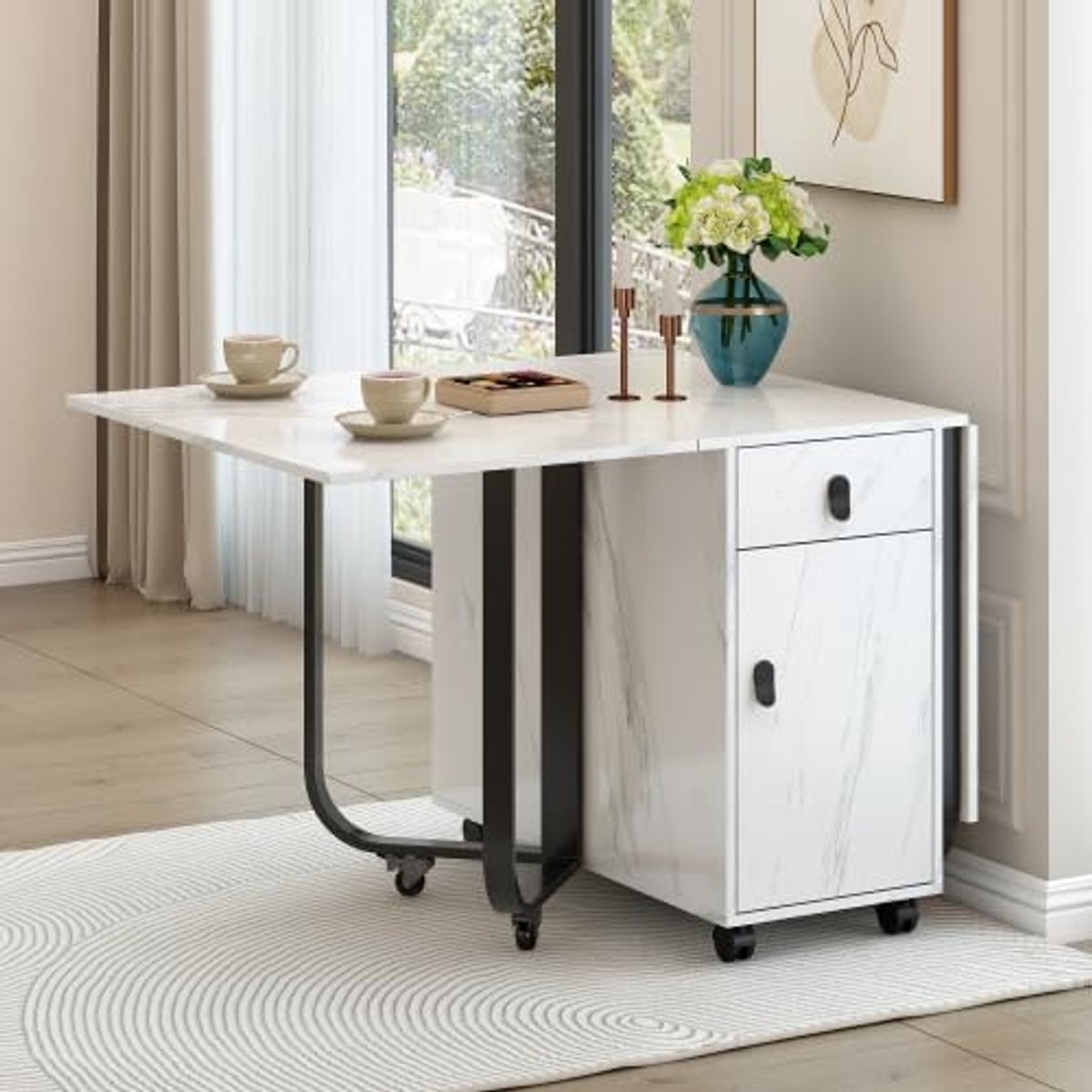 Elysian Multi-Functionele Opvouwbare Eettafel met Marmer-Look & Luxe Opbergkast - 150 x 80 x 76 cm