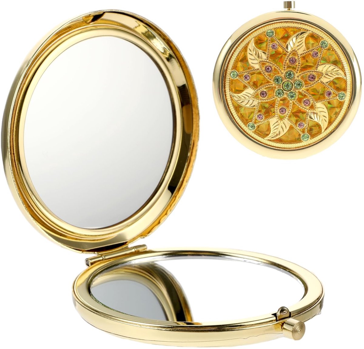 Dailygoody - Make-upspiegel - Draagbare handspiegel - Compact en vouwbaar - Goudkleurig - Vergrootglas - Ideaal voor onderweg - Mini-paleisstijl