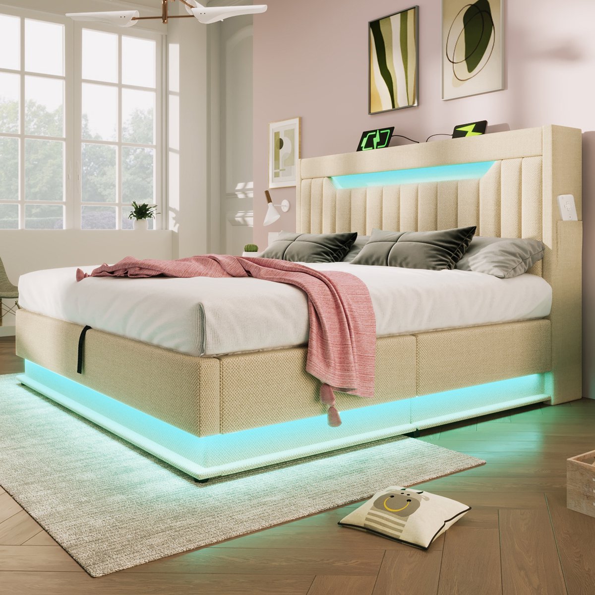 Zubaliya Bedframe - Gestoffeerd Bed Met LED En USB-C - 180x200 cm Tweepersoonsbed Beige - Met Hydraulische Opbergruimte En Linnen Bekleding