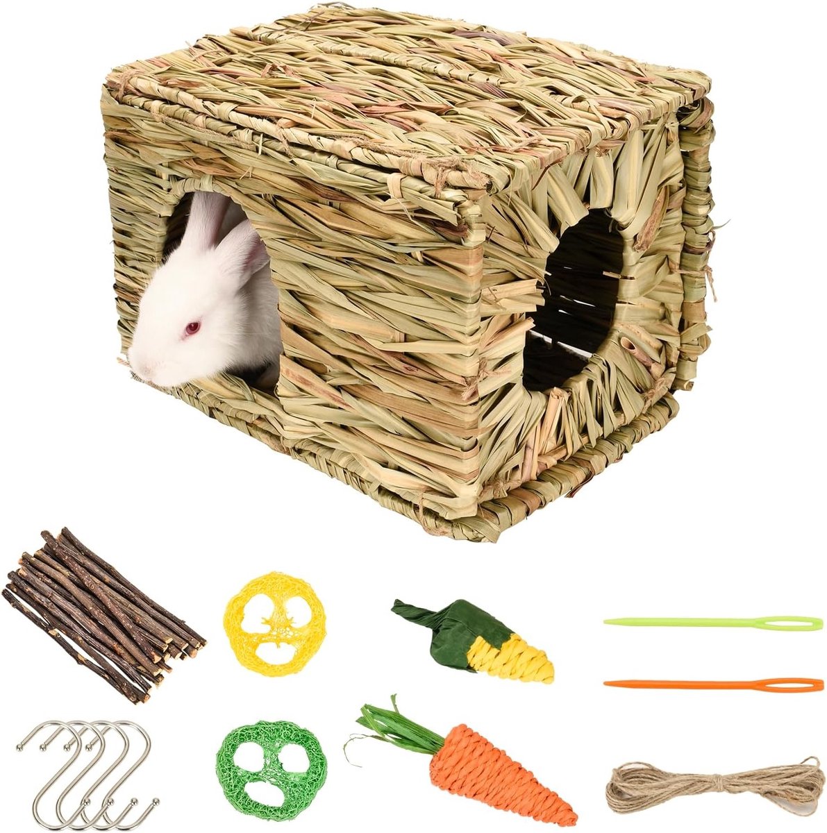Handgeweven konijnenhuis van gras – Natuurlijke schuilplaats voor konijnen, cavia’s en knaagdieren, ideaal voor knagen en spelen Handgeweven konijnenhuis van gras – Natuurlijke schuilplaats voor konijnen, cavia’s en knaagdieren, ideaal voor knagen en spelen