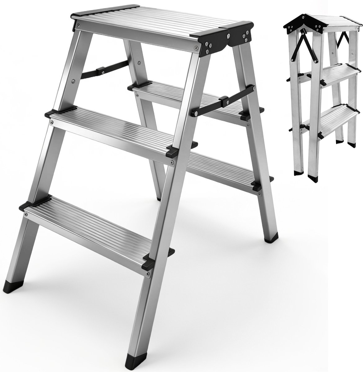 Aluminium Trapladder 3 Treden Dubbelzijdig Opvouwbaar – Huishoudtrap Breed 36,5 cm – Lichtgewicht Keukentrap