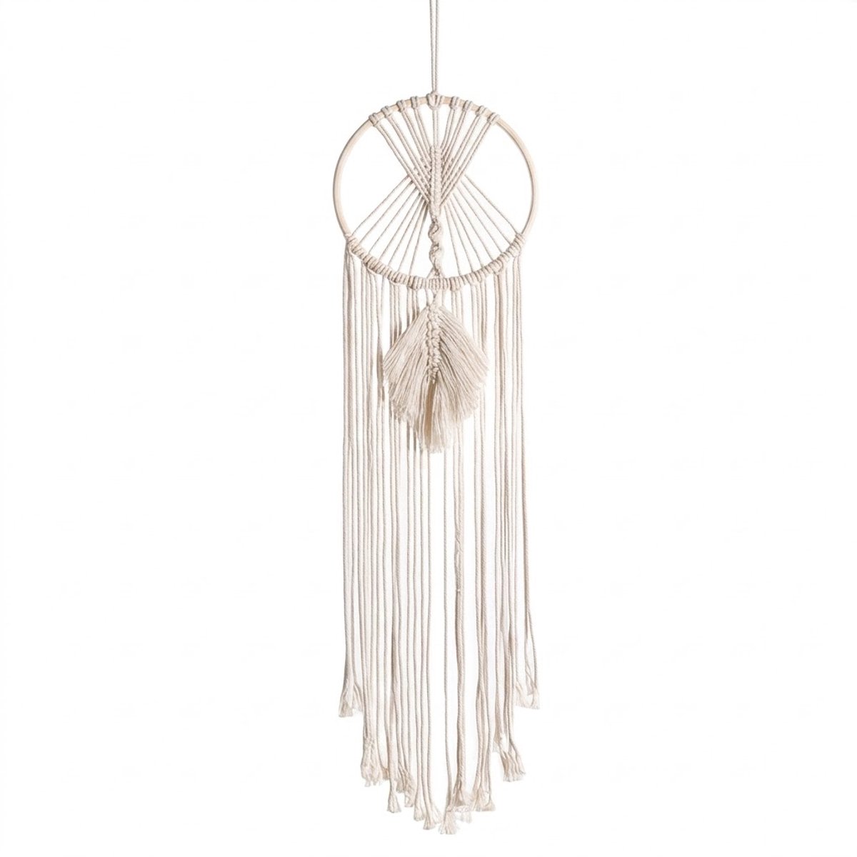NUVEX Beige wit dromenvanger wand decoratie hanger rond met macramé patroon en lange franje voor dames en heren muur ophanging bohemian stijl handgemaakt ornament slaapkamer woonkamer