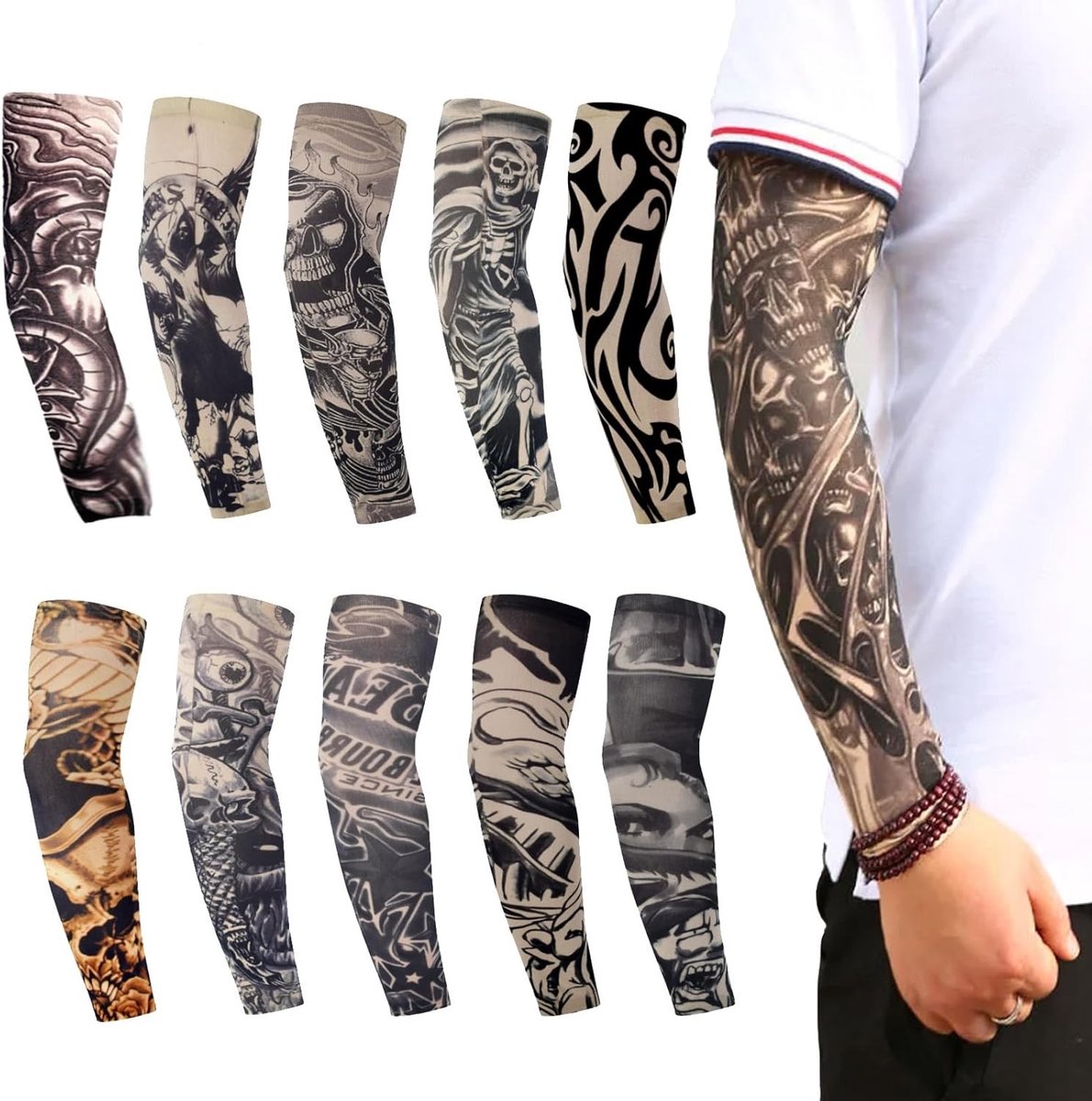 Set van 10 Tijdelijke Tattoo Mouwen voor Mannen, Arm Sleeves voor Kostuums, Feestaccessoires en Body Art