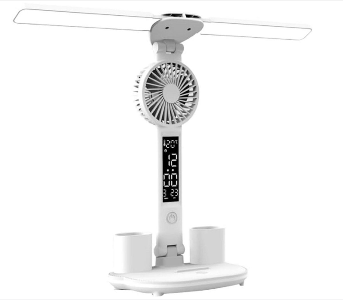 Kraftverdia® - Bureaulamp led dimbaar - Leeslampje voor boek - Bedlamp - LEDtafellamp met klok en ventilator - Bureaulamp 4-in-1 met dubbele zwenkarm3200mAh