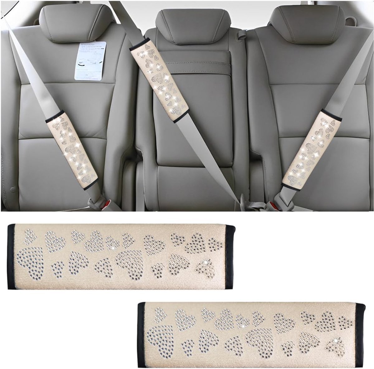 Dailygoody - Veiligheidsgordel - Kristal - Luxe autodecoratie - Beige - Veiligheidsgordelafdekking - Geschikt voor vrouwen en mannen - Set van 2