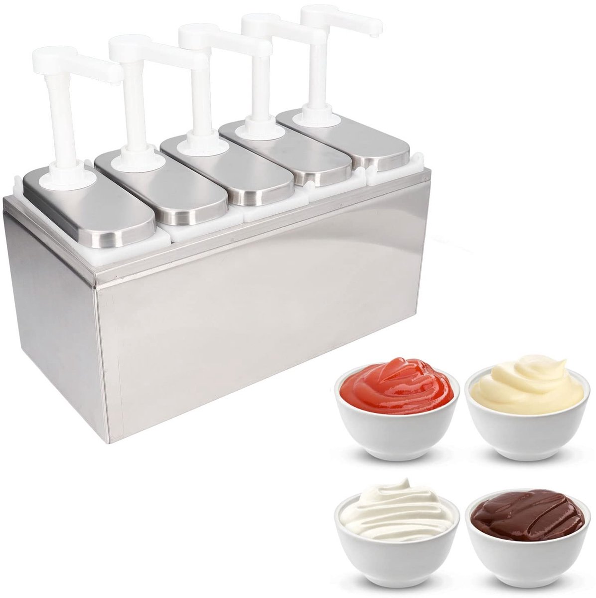 Dailygoody - Saus Pomp Container - Saus Dispenser - Duurzaam en veilig - 5 Pompen - Ideaal voor restaurants - Voedingskwaliteit - Roestvrij staal