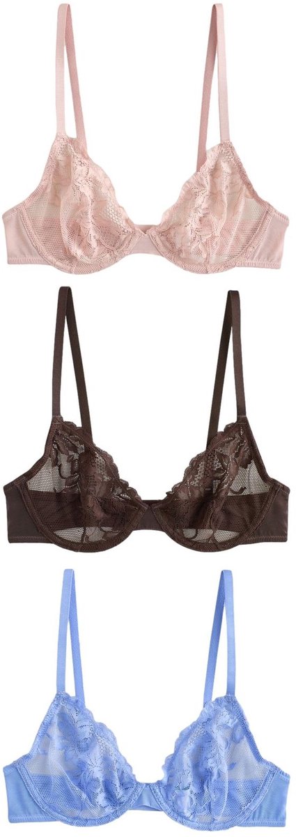 Next Dames - Set van 3 kanten beha's (E76841) zonder vulling met volledige cups - Bruin Chocolate/Pink/Blue