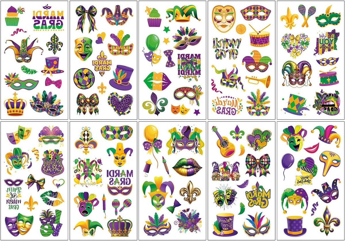 Tijdelijke tatoeages voor carnaval - 10 vellen met clown en hart ontwerpen, gezicht en lichaam stickers, ideaal voor feestelijke kostuums en evenementen in Keulen