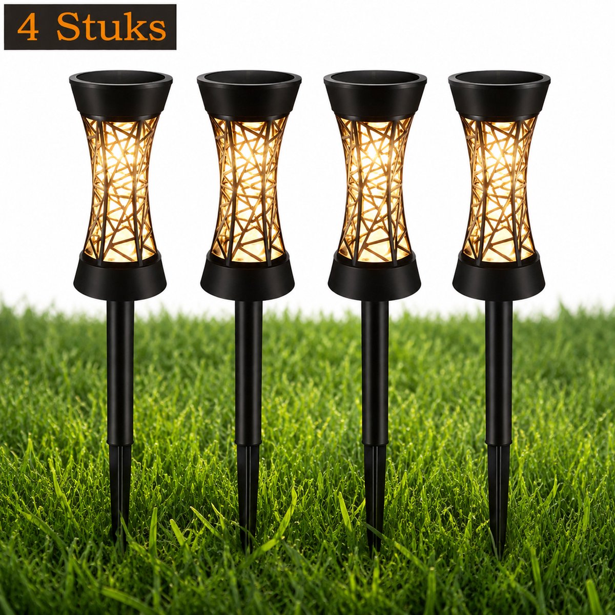 Meedeer Padverlichting (4 stuks)-Gazonlamp op Zonne Energie-SolarTuinverlichting-Grondspots-Solar priklamp-Auto sensing-Warm wit-Opengewerkt ontwerp-waterdichte-voor tuin