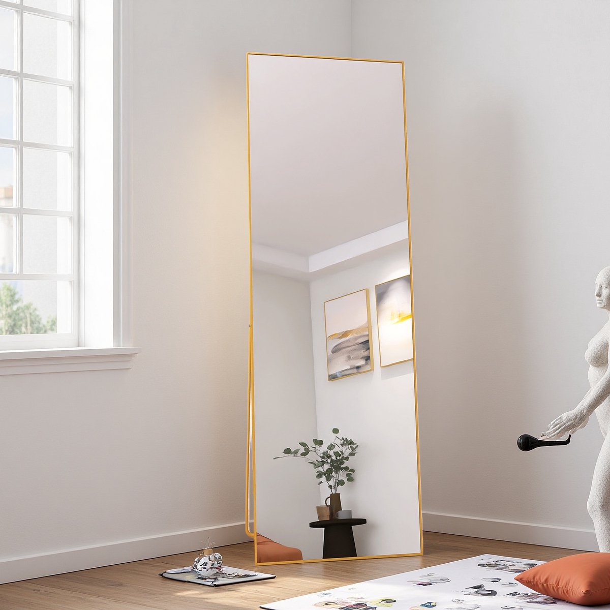 Rechthoekige Full-Length Mirror, Gold Aluminium Frame, 162x53cm, Shatterproof Glass, Freestanding & Wall-Mounted