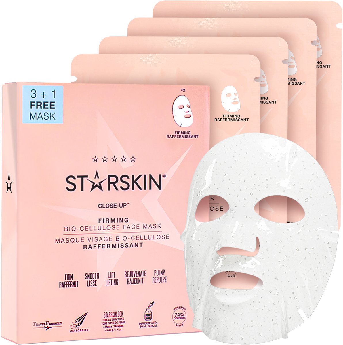STARSKIN® Close-Up (3 + 1) – Gezichtsmasker / Sheet Mask – Verstevigend, Hydraterend & Verjongend – Liftend Korean Skincare voor alle huidtypen met Serum van Kokoswater, Adenosine & Hexapeptide-10