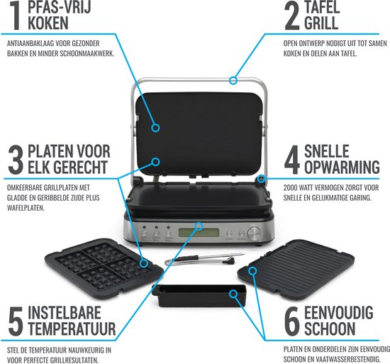 Wartmann Contactgrill - Wafelijzer - Tosti Apparaat - Paninigrill en Tosti ijzer - PFAS-vrij - Uitneembare Platen - Groot Grilloppervlak - Snel Warm (2000W) - RVS — afbeelding 2