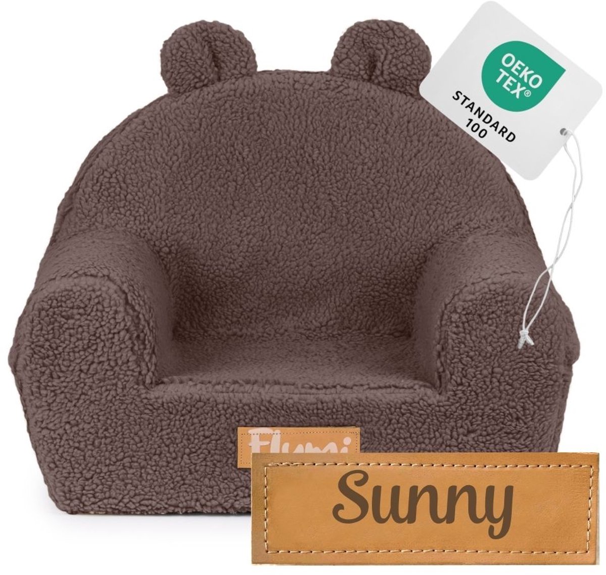 Flumi - Kinderfauteuil - Bouclé kinderstoel chocoladebruin - Met oortjes - Gepersonaliseerd met naamgravure