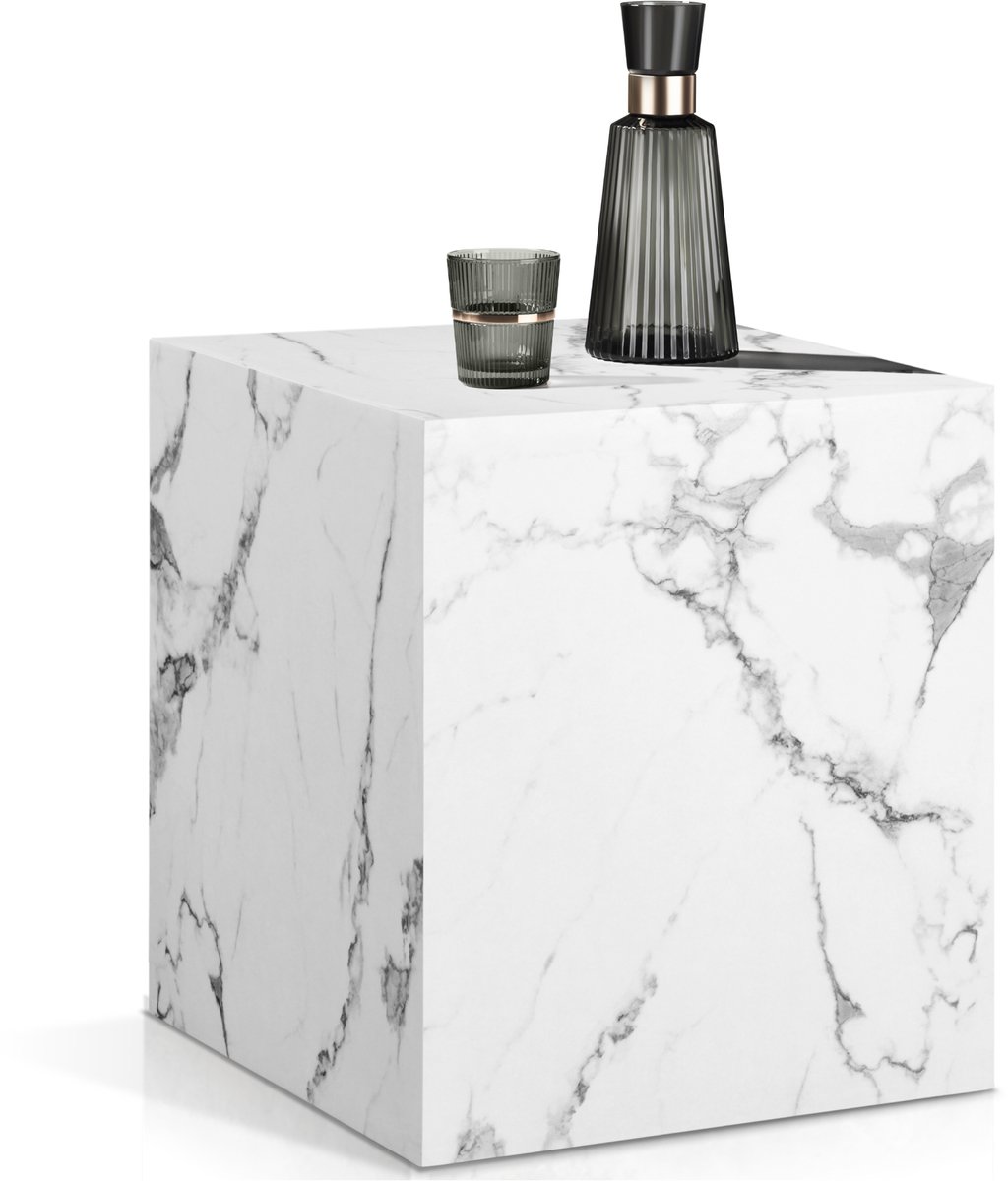 tectake® Vierkante Salontafel Lasley - 45 x 45 x 50 cm - Massieve Bijzettafel van MDF in Marmerlook - Wit - Tafeltje voor bij de Bank of Woonkamer - Draagkracht 45kg