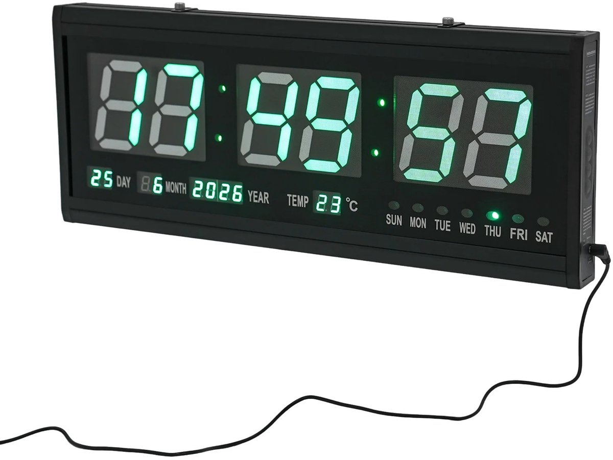 Cellista - Gym Timer - Digitale LED Wandklok 48 cm - Crossfit Interval Timer - Grote Wandklok met Datum Temperatuur en Stopwatch - Zwart Groen