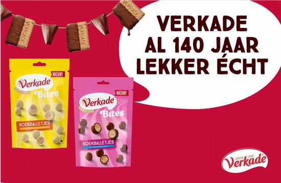Geel en roze zakje Verkade Bites Koekballetjes met Witte Chocolade, met een grote rode tekstballon.