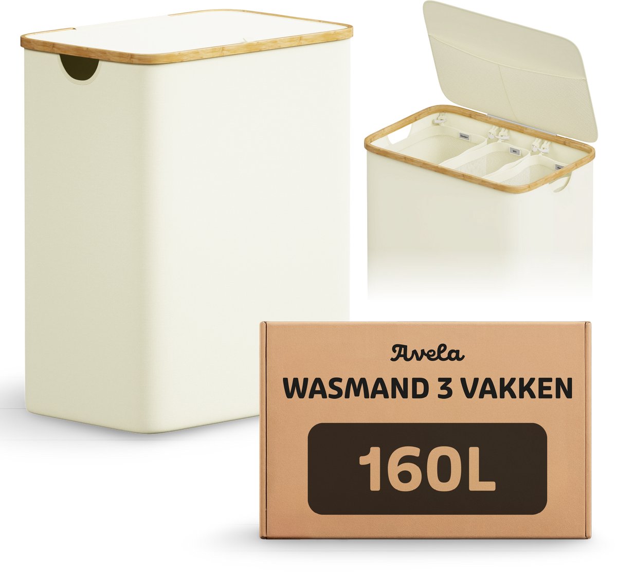 Avela Wasmand 3 vakken met deksel - 160L - Beige - Wassorteerder