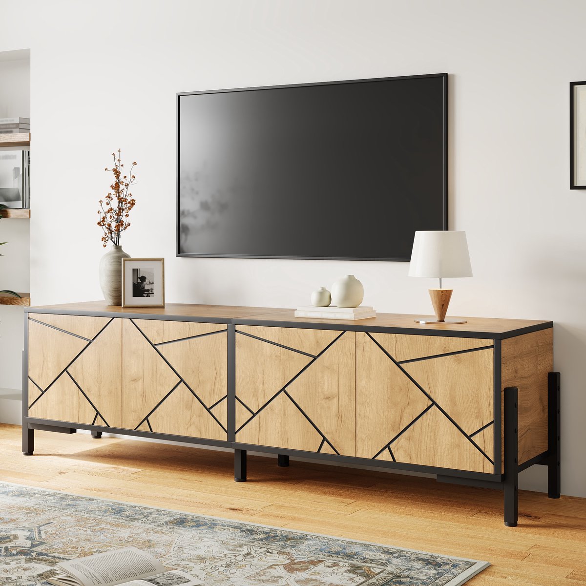 REDOM - Tv-Meubel - 4 Deuren - Geometrisch Design - Industrieel - Voor Woonkamer - MDF - Natuurkleur En Zwart - 153 X 40 X 50 Cm