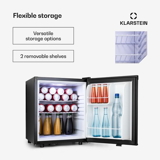 Klarstein Minibar minikoelkast voor op de kamer, minikoelkast voor drankjes, snacks en cosmetica, kleine , kleine en stille koelkast, verstelbare planken, kleine Skincar koelkast 5-22°C, 45L - 26 dB - voor Kantoor - Compact Vrijstaand van Klarstein — afbeelding 4