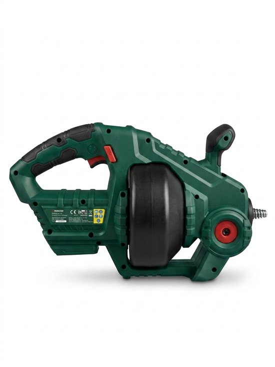 Groene parkside ontstoppingsmachine met trommel en handvat, zilveren spiraal aan de voorkant.