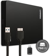Zwarte externe harde schijf van 750GB met USB 3.0 kabel en Type B connector.