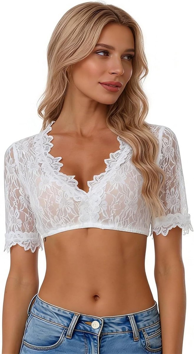 Elegante V-hals Blouse voor Dames met Korte Mouwen - Traditionele Kostuum Blouse voor Oktoberfest en Bavarian Feesten