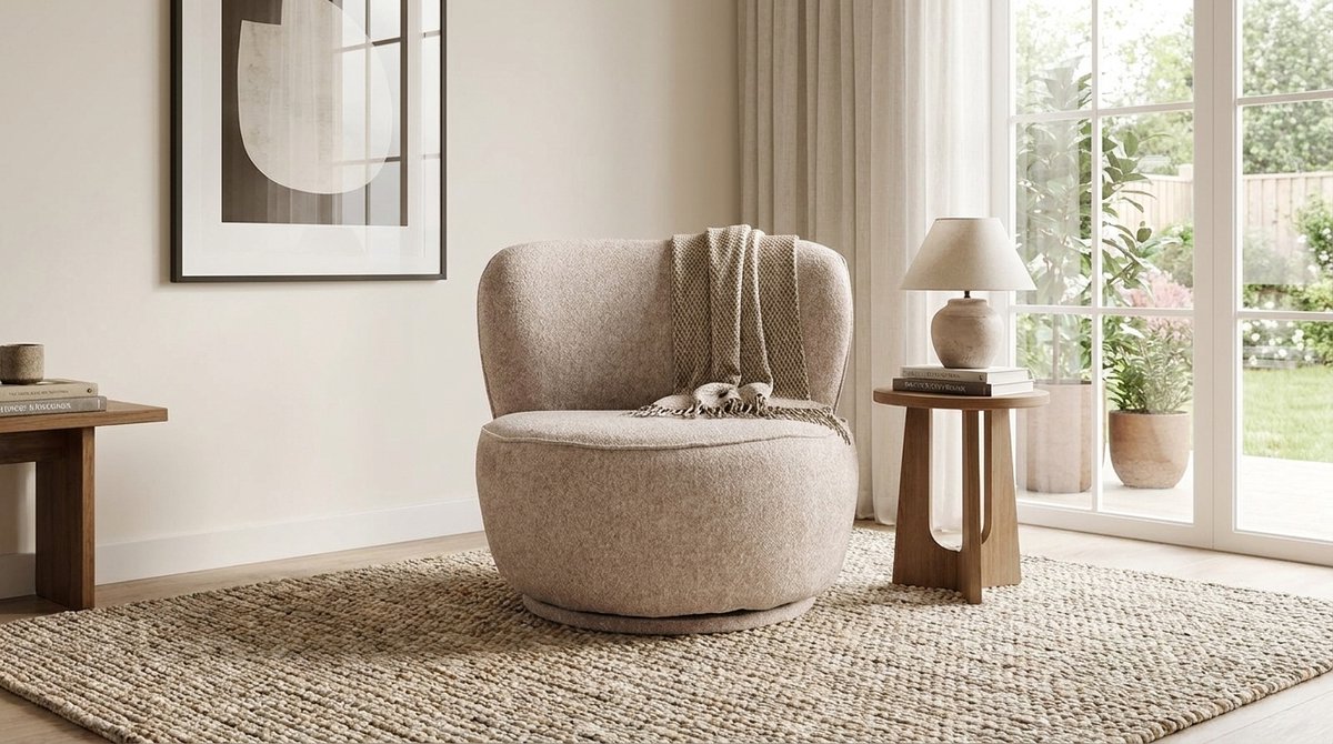 Draaifauteuil – 360° Draaibare Luxe Fauteuil Soft Taupe 75x92x73 cm – Bouclé Lounge Stoel Rond Modern Comfortabel Interieur – House&Garden Bunny Style Design Fauteuil Eyecatcher Woonkamer
