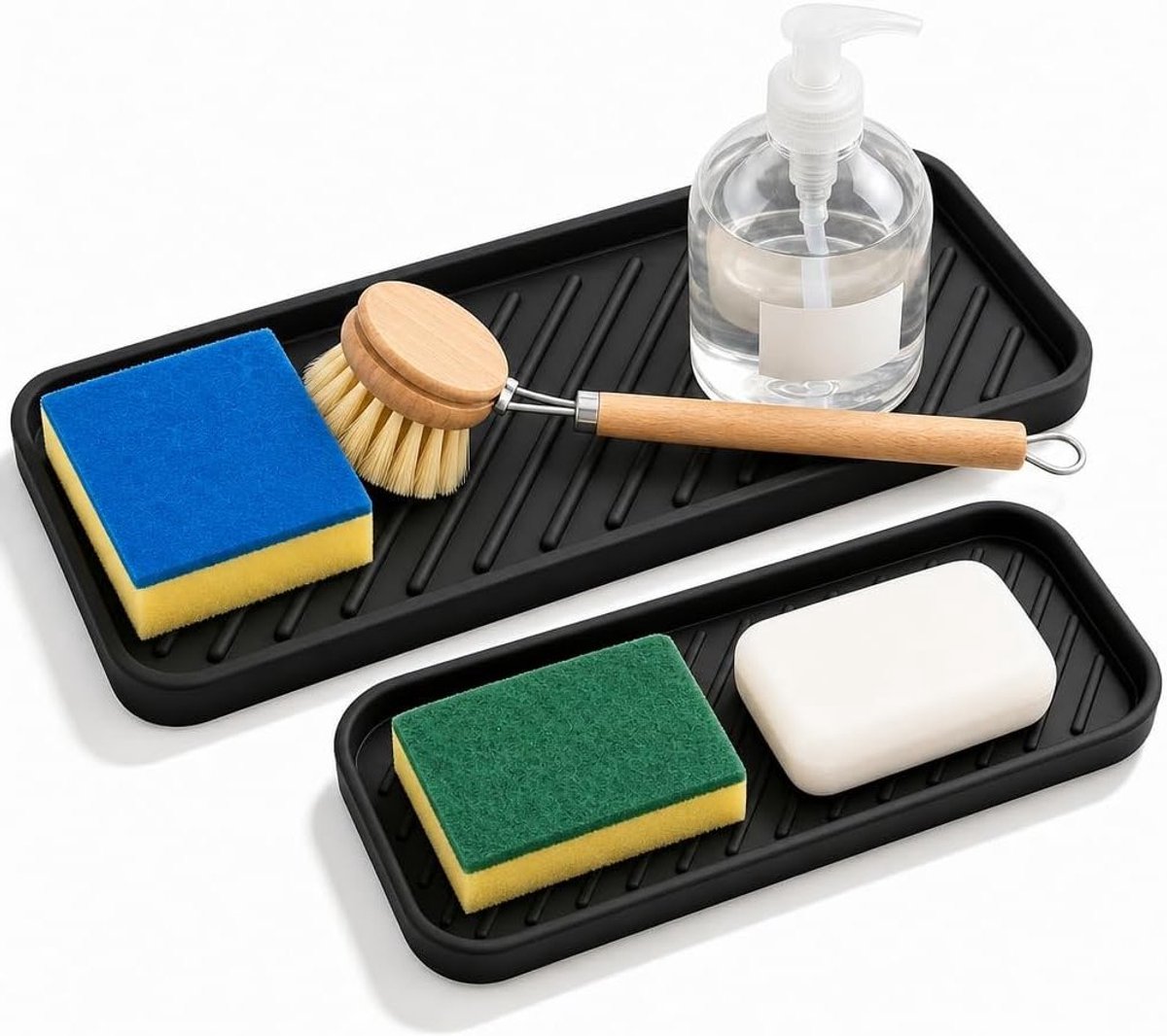 Gootsteenorganizer zwart met afdruipmat voor keuken en badkamer, ideaal voor sponzen, borstels en zeep (2 stuks)