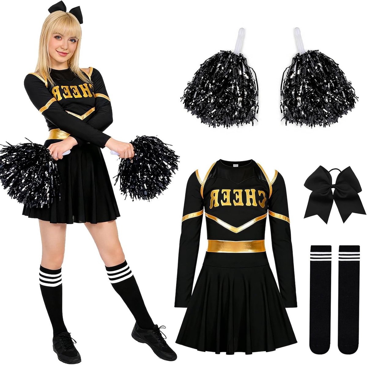 Dames cheerleaderkostuum met pompons en haarband voor carnaval en themafeesten, ideaal fancy dress-uniform en cheerleading-outfit