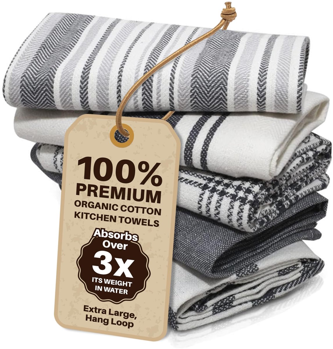 Dailygoody - Set van 5 theedoeken - 100% katoen - Super absorberend - Grijs - Machinewasbare keukenhanddoek - Keukenaccessoire voor dagelijks gebruik