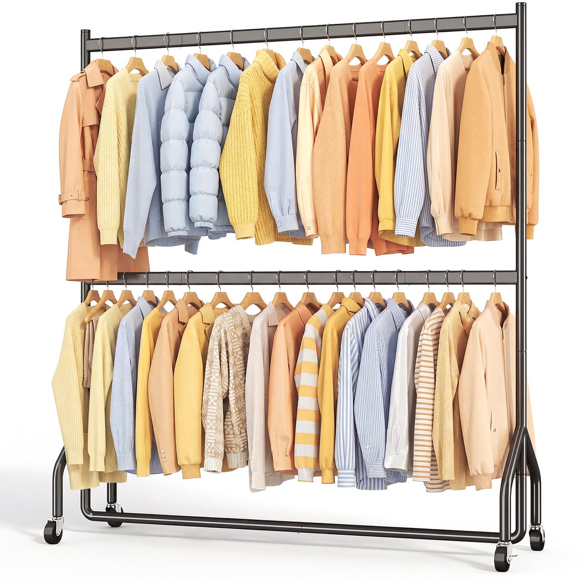 HOKEEPER Schwerlast Kleiderständer auf Rollen,Kleiderstange Doppelt Metall für Hängende Fahrbarer Klamotten Ständer Closet Garderobe Rack, 152x46x220cm