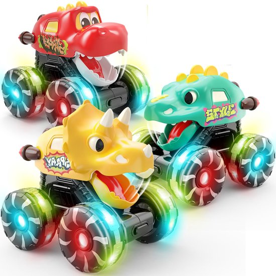 Drie dinosaurus speelgoedauto's in rood, geel en groen met gloeiende, veelkleurige wielen.