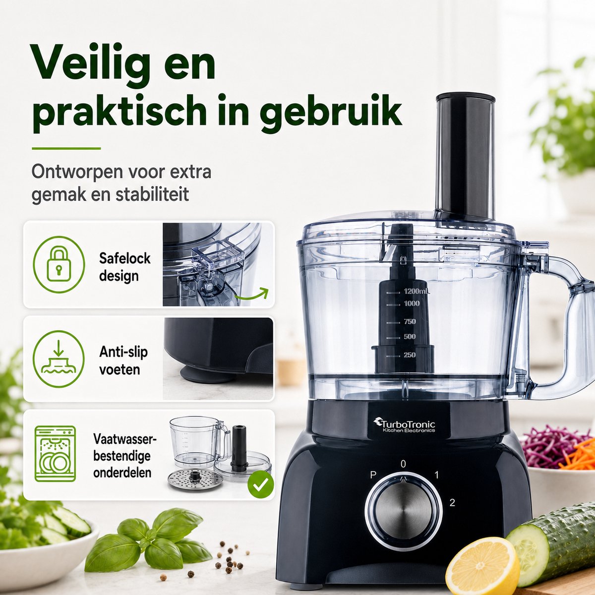TurboTronic FP800 Foodprocessor - Keukenmachine - 1.2 Liter - 800W - Zwart thumbnail 2