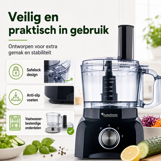 TurboTronic FP800 Foodprocessor - Keukenmachine - 1.2 Liter - 800W - Zwart van TurboTronic — afbeelding 2