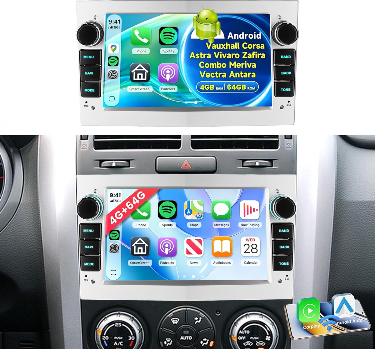 ESSGOO CarPlay Autoradio Geschikt Voor Opel Vauxhall Astra Zafira Corsa Meriva Vectra - Zilver - Android 15 - 4+64GB - Draadloos Apple Carplay & Android Auto - 7-inch Touchscreen - GPS, Wifi, Bluetooth