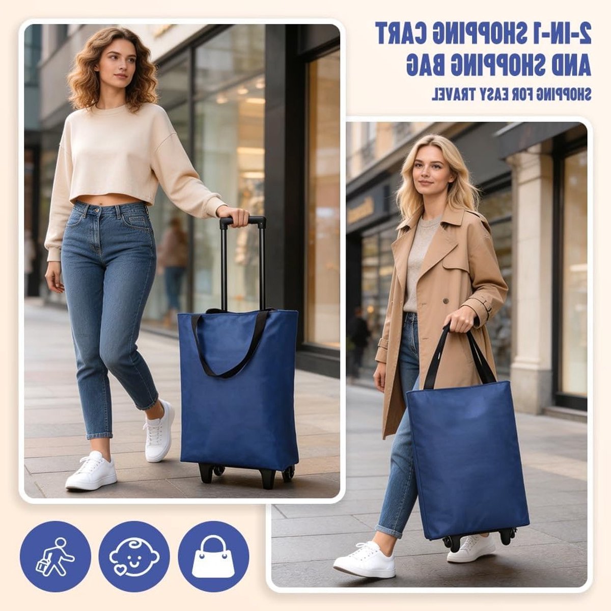 Vouwbare Winkelwagen 30L - 2-in-1 Lichtgewicht Winkelwagentje met Tas voor Camping, Reizen en Supermarkt tot 25 kg (Blauw)