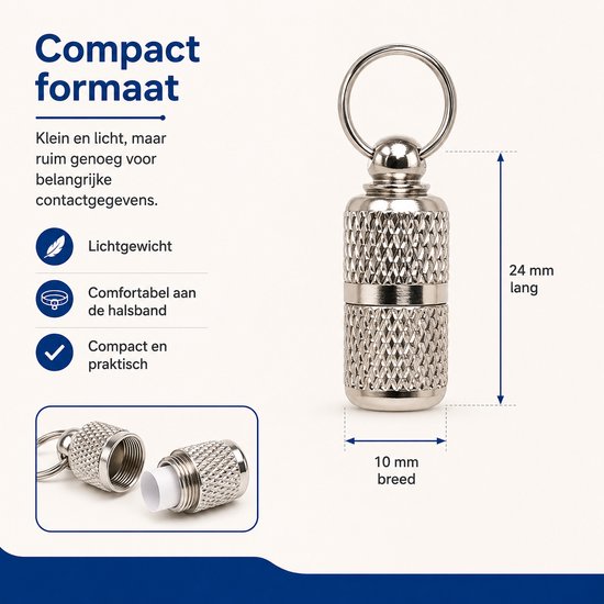 Zilverkleurige adreskoker, 24 mm lang en 10 mm breed, met schroefdop en sleutelring.
