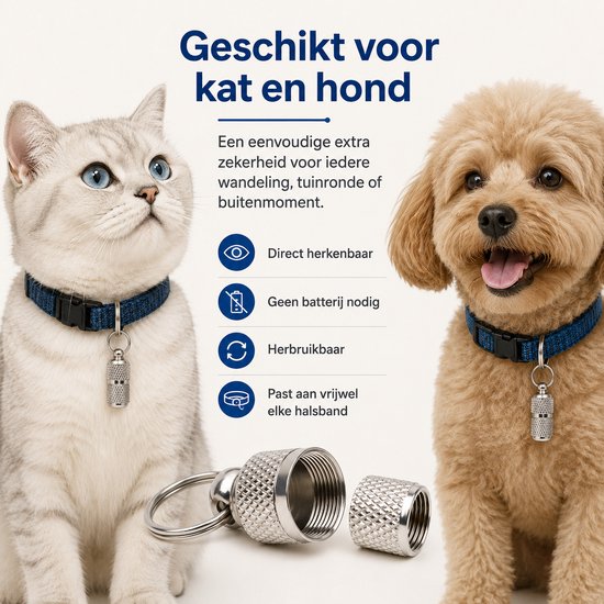 Zilverkleurige adreskoker aan halsband bij kat en hond. Koker is open met een briefje.