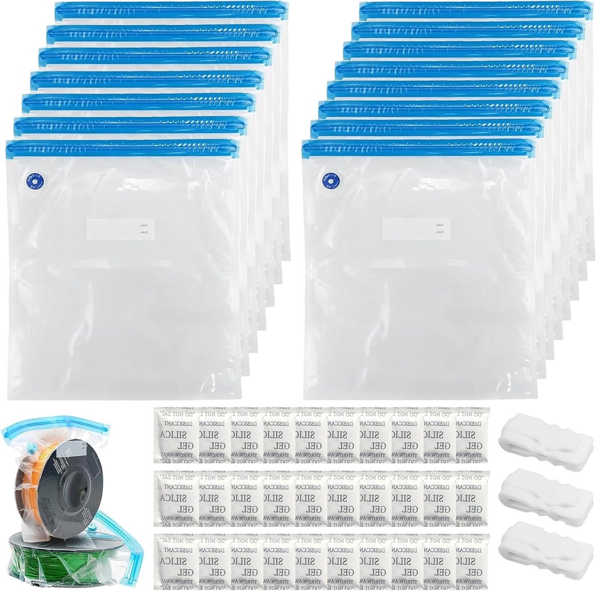 Vacuümzakken voor Filament - Met 30 Vochtbestendige Middelen en 3 Sluitclips - Voor 3D-printer Filament Opslag (PLA ABS PETG TPU) - 15 Stuks - 34 x 30 cm
