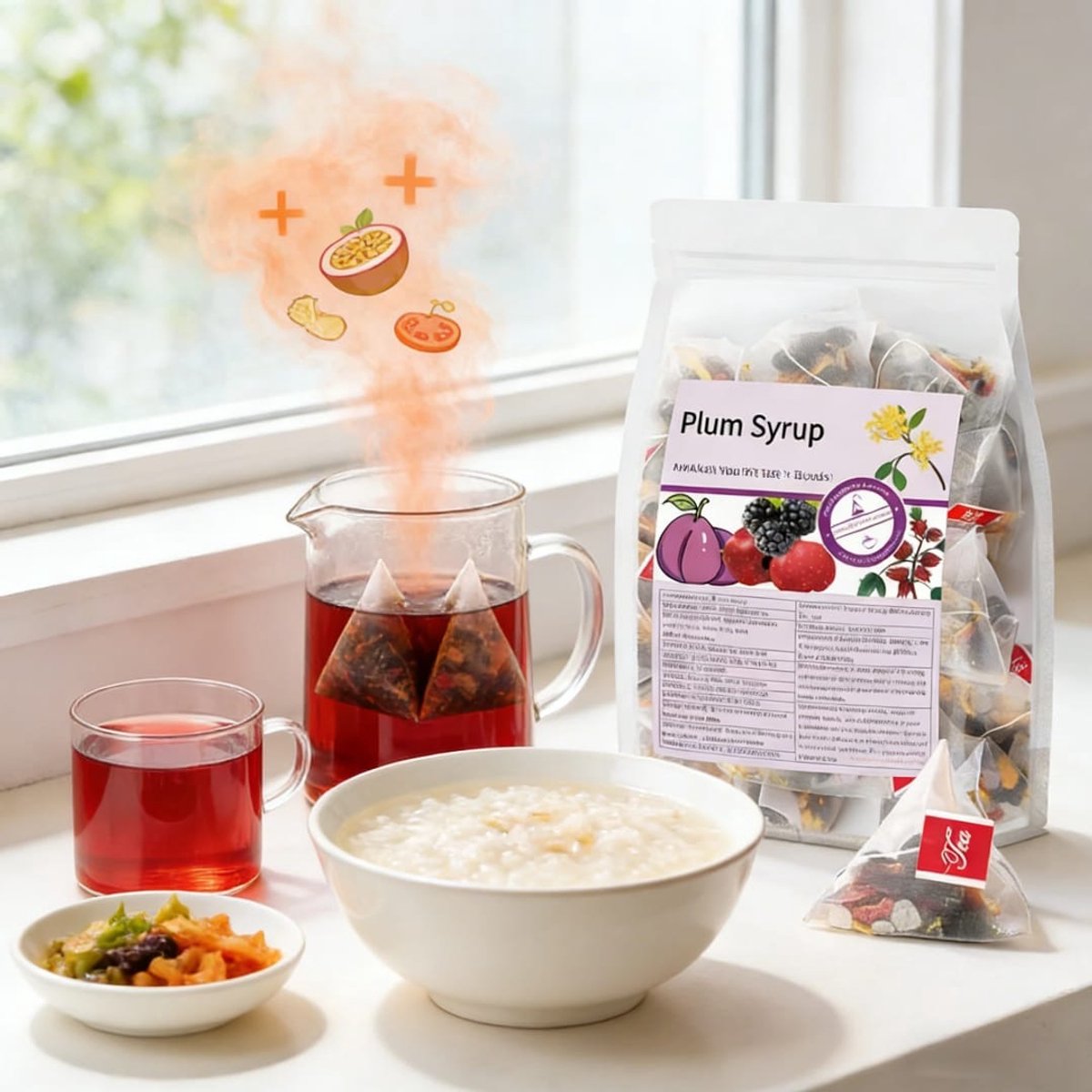 Pruimensiroop Kruidenthee - Donkere Pruim, Moerbei & Roselle - 30 Zakjes (300g) - Natuurlijke Fruitige Mix - Authentiek Bozhou