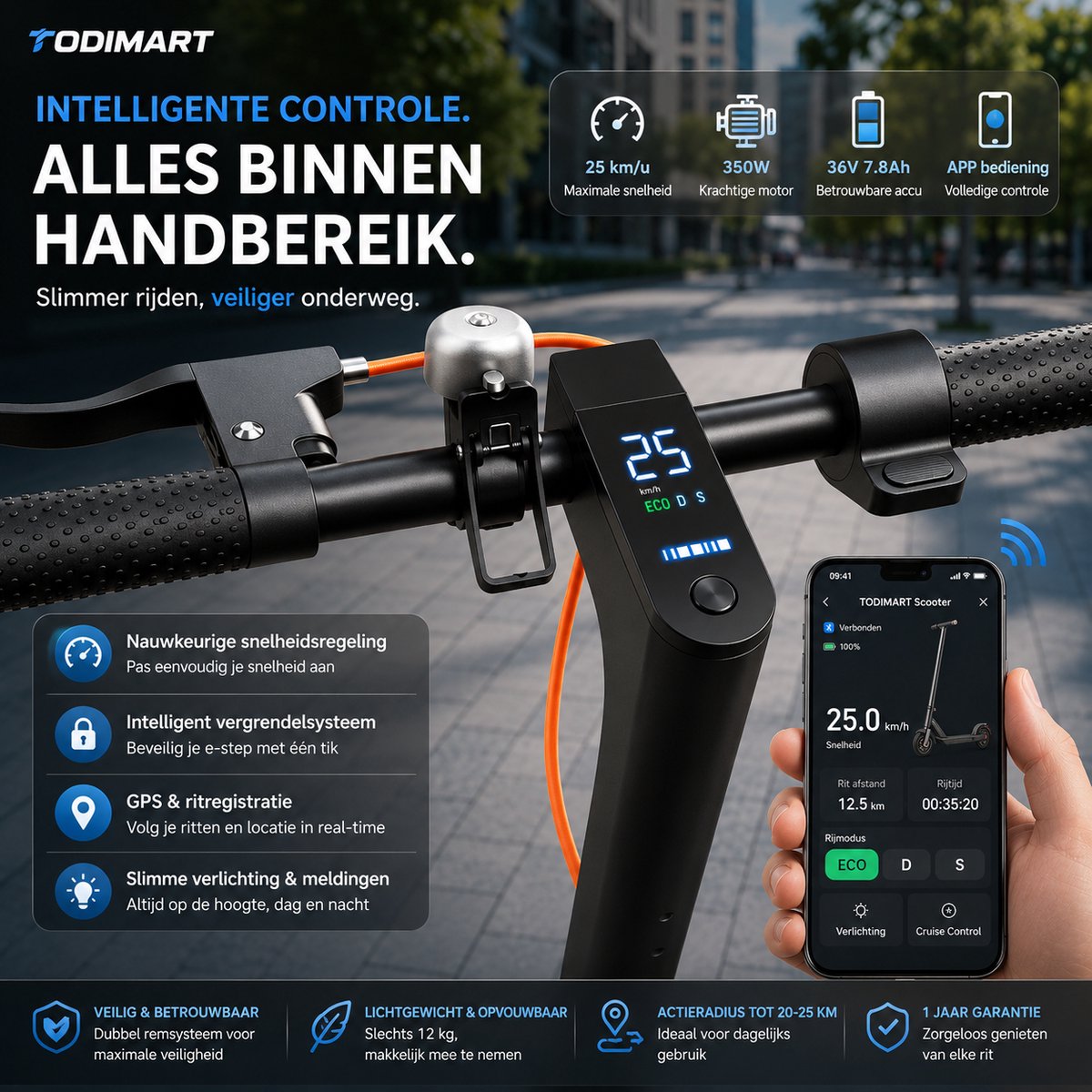 TODIMART T3 E-Scooter 350W, 25 km/u, opvouwbaar met app thumbnail 2