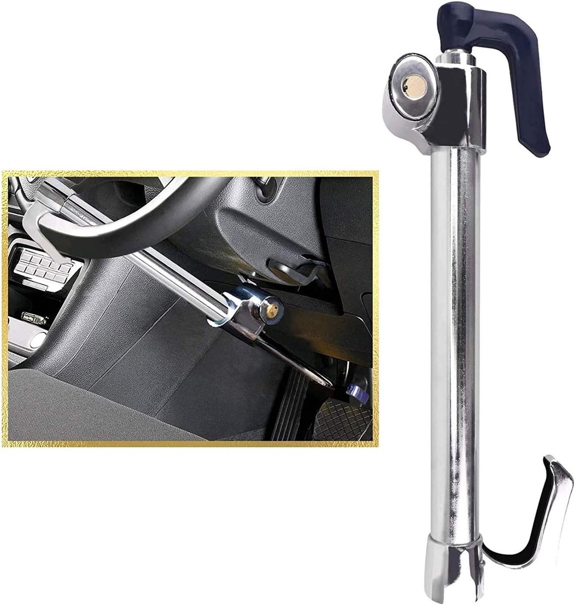Steering Wheel Lock - Brake Pedal Clutch Lock - Retractable Double Hook - Locking Universal Anti-Theft Heavy Duty Car Security Lock met 3 Sleutels voor Van, SUV, Truck