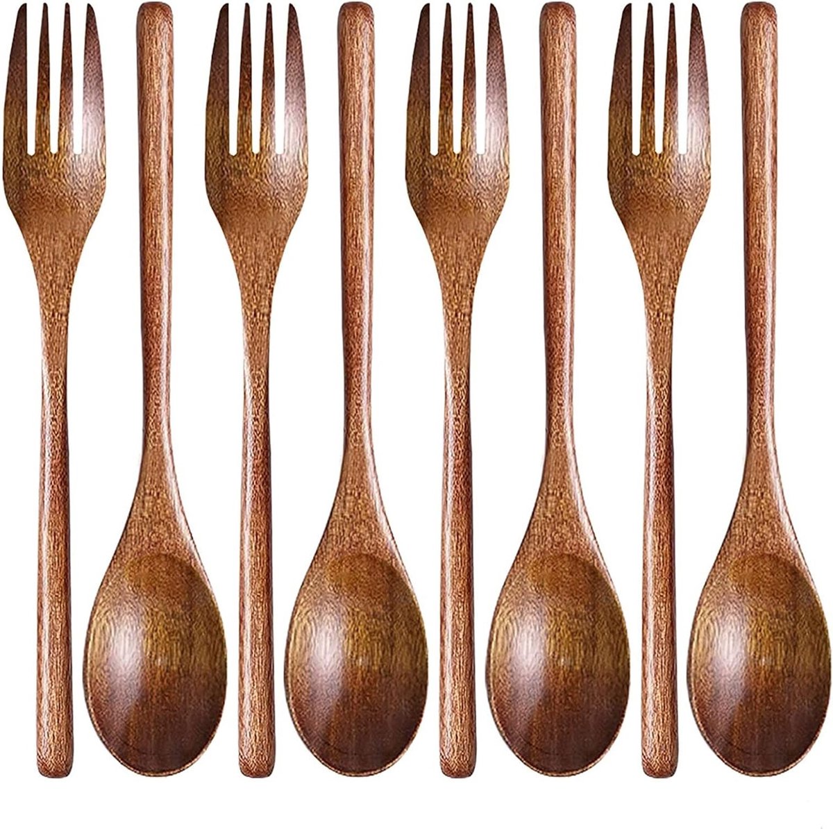 Set van 6 Houten Lepels en Vorken, Herbruikbaar Bestek voor Koken, Kamperen en Buitenactiviteiten, Duurzaam Keukenaccessoire